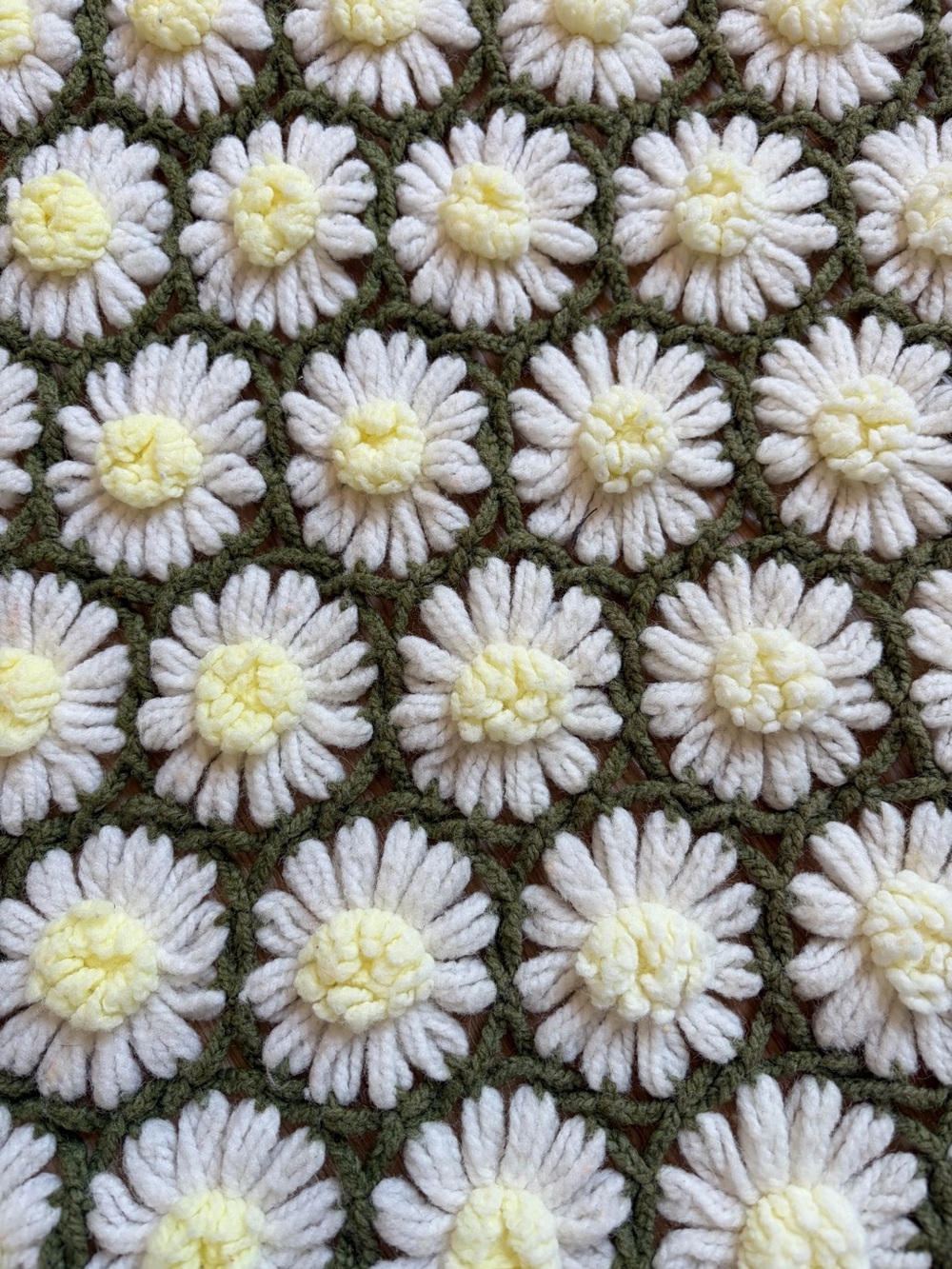 Handmade Daisy Throw Crochet Blanket White Yellow Flowers Olive Green Boho